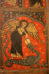L'arcangelo uccide il drago, particolare di tavola dipinta del museo di Barcellona