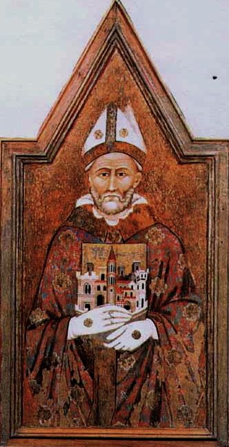 La piazza di Perugia con i suoi principali edifici, riprodotti in scala tra le mani del vescovo Ercolano, protettore della città.