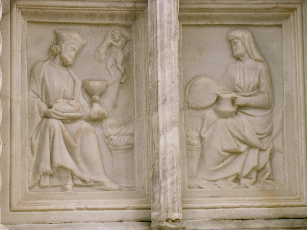 I due coniugi accanto al focolare domestico nel mese di Gennaio. Fontana maggiore di Perugia
